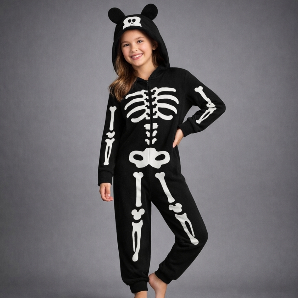 Disney Mickey Mouse Skeleton Halloween Zip Up Jumpsuit Glow In Dark Youth Size 9